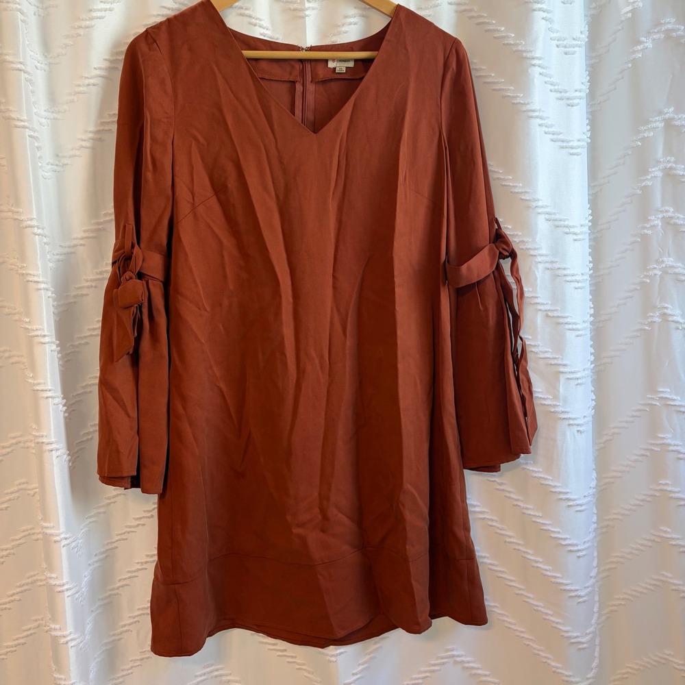 Cremieux Rust Orange Tencel V-Neck Bell Sleeve Tie Shift Dress XS